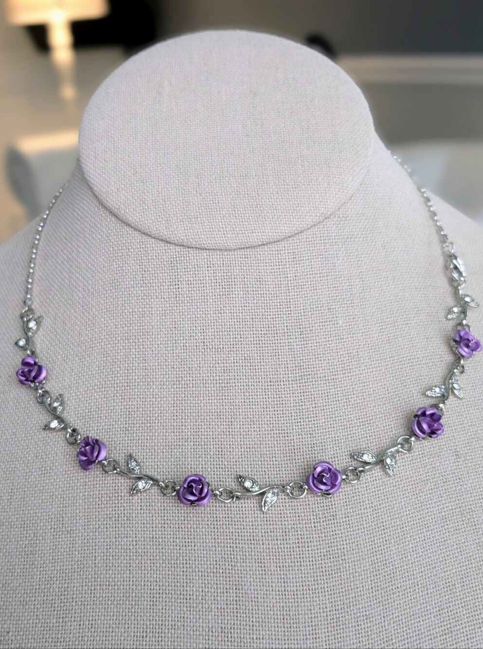 Silver Tone Purple Rose & Rhinestone Necklace – 22” Romantic Statement Piece